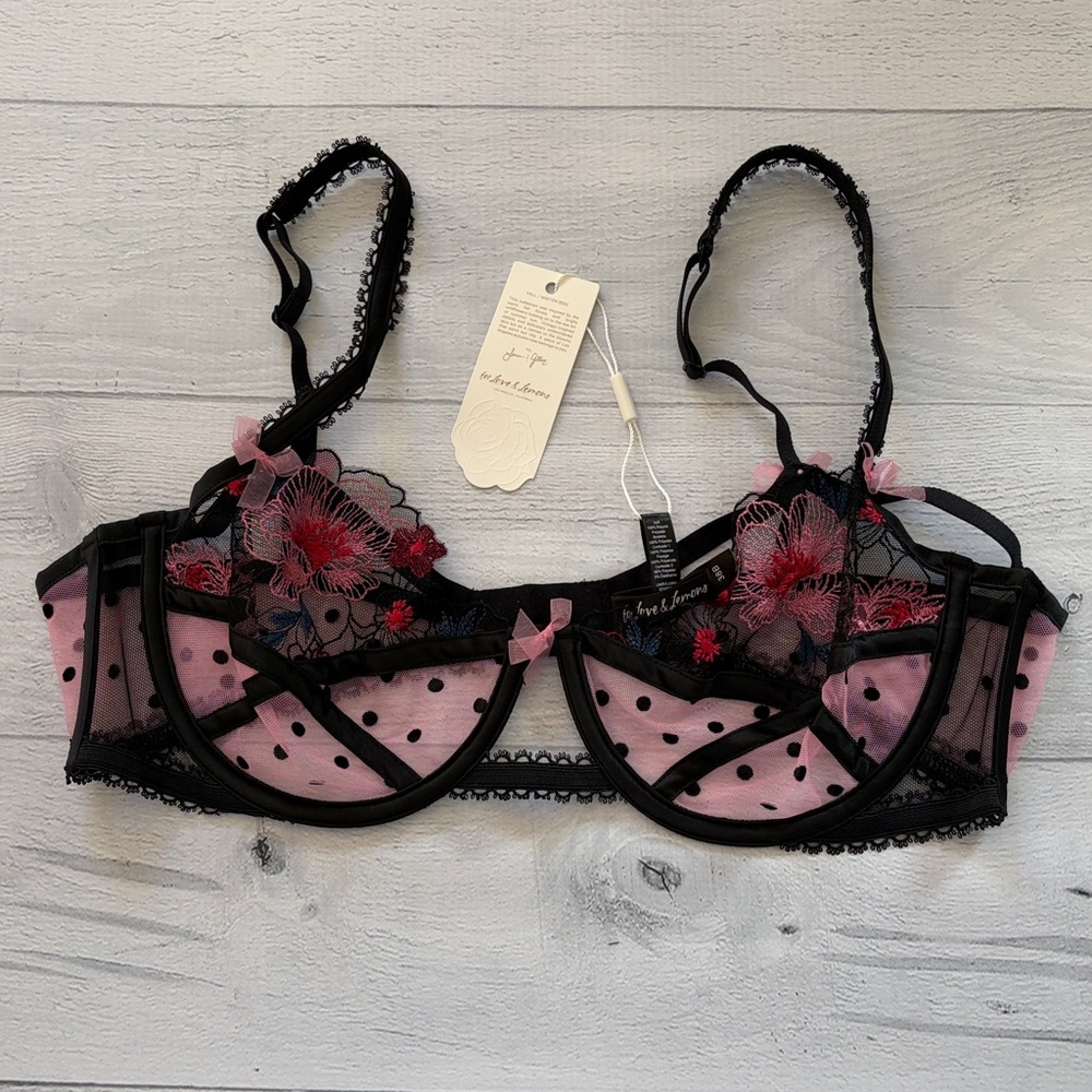 For Love & Lemons Zinnia Floral Polka Dot Lace Underwire Bra 38B Pink